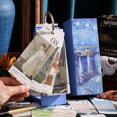 2026 Vintage European Style Oil Painting Flip Calendar Desktop Flip Calendar with Butterfly Charm Aesthetic Desk Organizer for Home Living Room Office