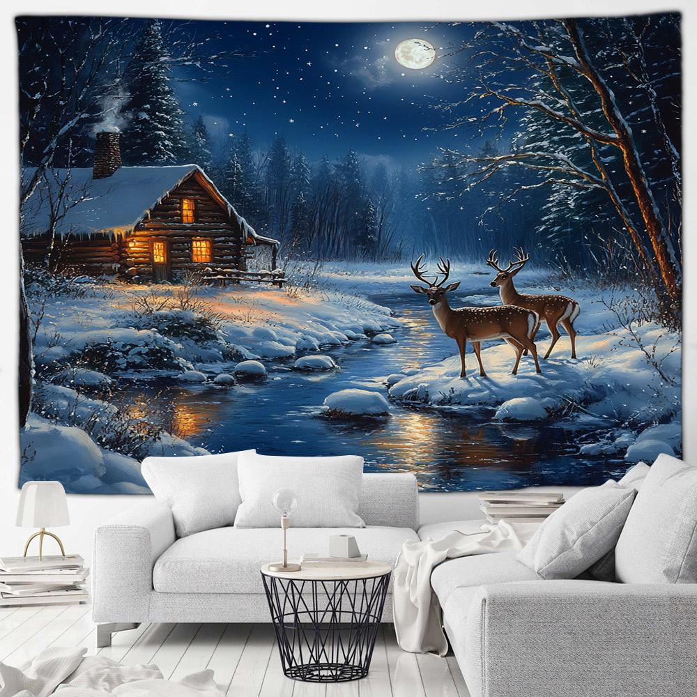 Winter Forest Elk Tapestry Farmhouse Stream Snowy Animal Nature Landscape New Year Christmas Home Living Room Decor Wall Hanging
