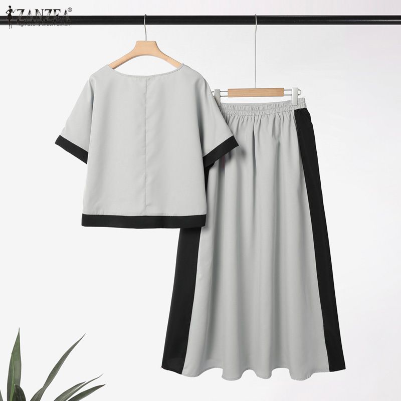 ZANZEA Women Short Sleeve Blouse and Long Skirts Casual Two Piece Suit Sets