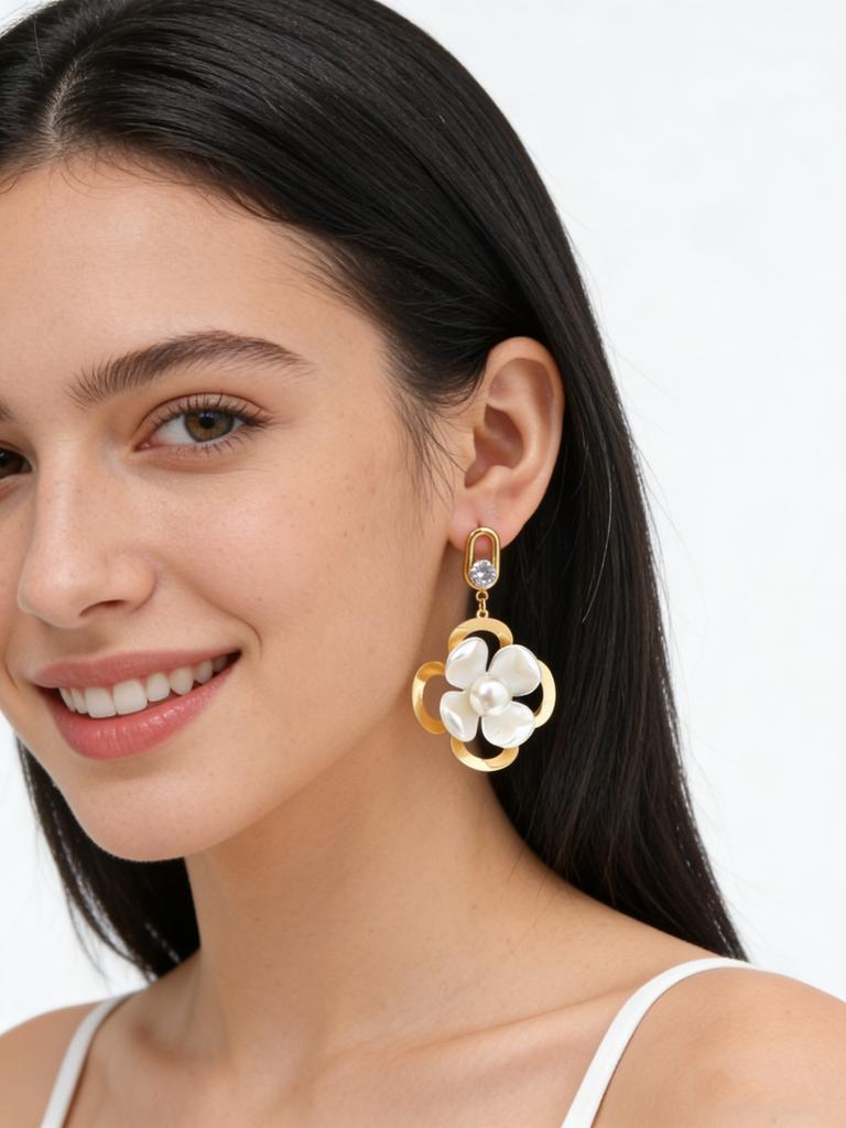 Boucles d'oreilles pendantes élégantes style coréen en acier inoxydable, fleur perle simulée, zircon, pour femmes, bijoux de piercing chics et charmants