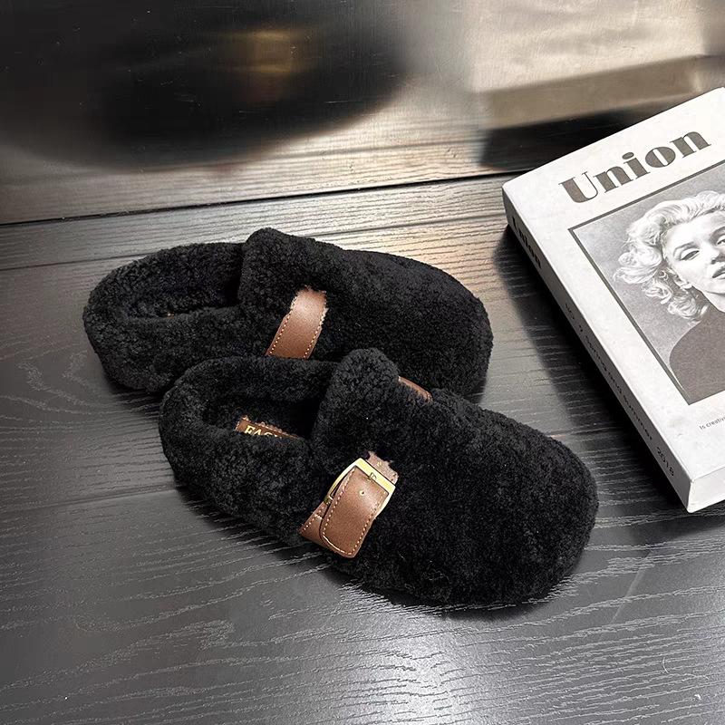 Dragon fruit color fluffy slippers women's autumn new fashion belt buckle flat lazy shoes one pedal