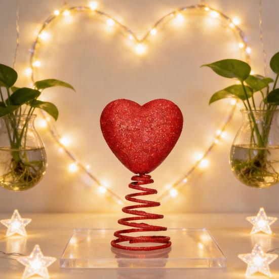 Red Heart Tree Topper with Coil Spring Bounce Effect Glittery Shiny Texture Romantic Holiday Decoration for Mini Trees Parties Home Decor And