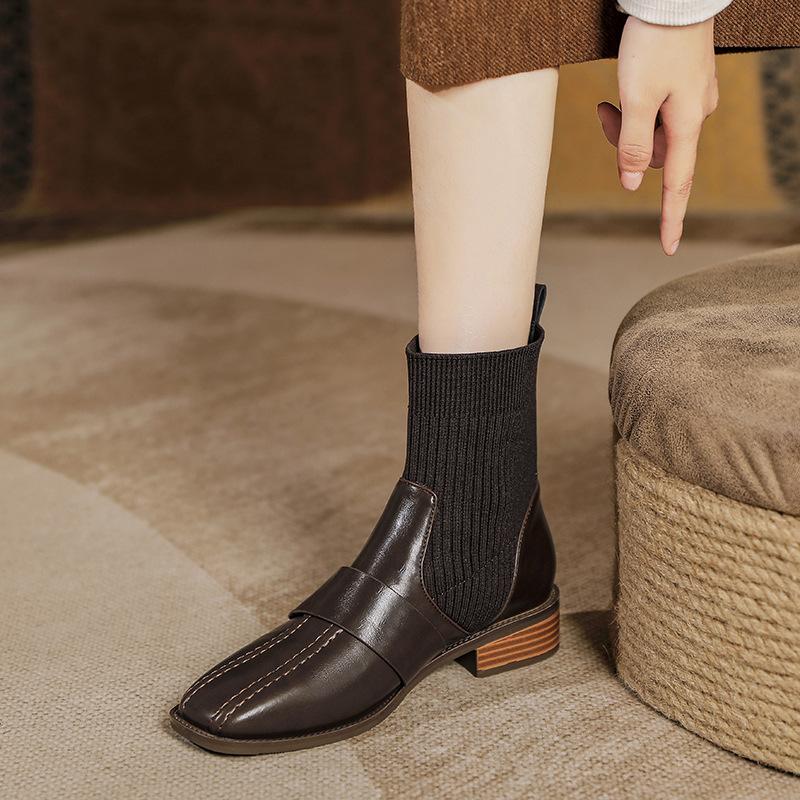 Elastic Socks Boots Knitted Short Boots 2025 New Autumn and Winter Retro Brown Low-heeled Medium Boots Square Head Thick Heel Thin Boots