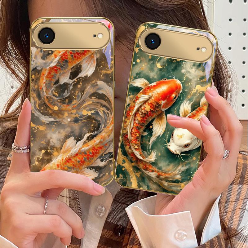 Lucky Orange Golden Koi For IPhone 17Pro Max 16 17 Pro oMax 15 Pro 14 13 Plus 12Mini 11ProMax XR 16E Air Golden Glass Phone Case