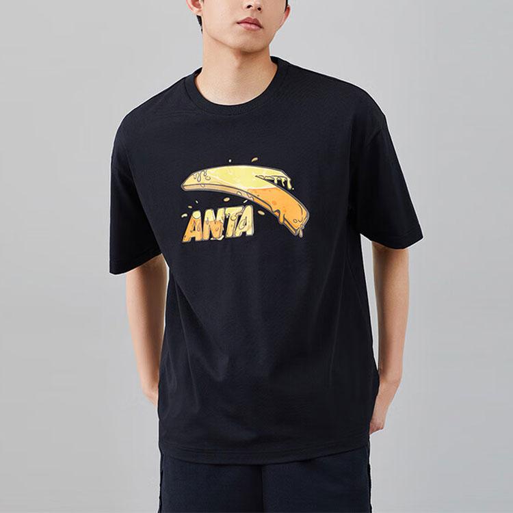 Anta Lifestyle Series Tričko s potiskem loga, kulatým výstřihem a krátkým rukávem, unisex topy, černé 972328114-6