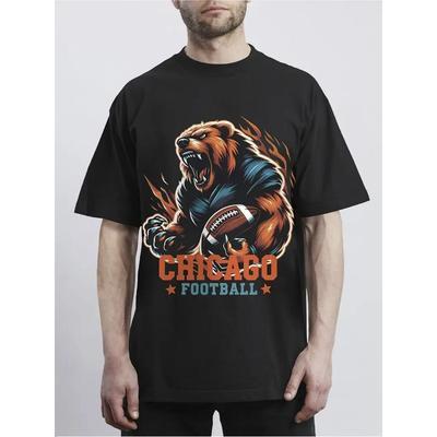 Europeiska storlekar Herr Chicago Football Bear Graphic T-shirt - Andningsbar Rund Hals Kortärmad Avslappnad Sporttröja