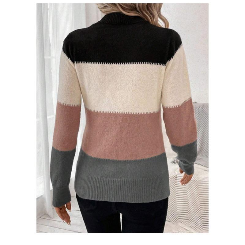 Women S Color Block Pullover Round Neck Long Sleeve Knit Sweater Casual Top