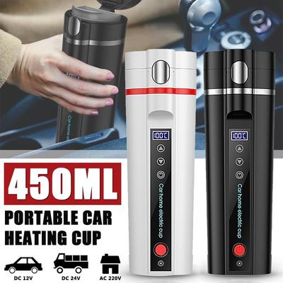 450ml 220V Portable Car Heating Cup 12V 24V Electric Heat Water Cup LCD Display Kettle Coffee Tea Milk 304 Stainless Steel