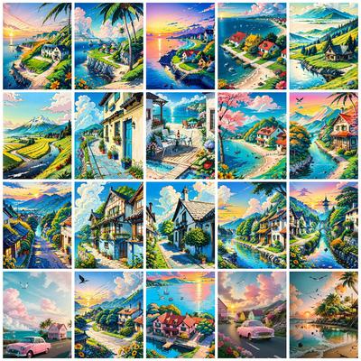 Pintura de diamante 5D Novas chegadas Casa à beira-mar Quadrado completo Bordado redondo Mosaico Paisagem de montanha Decoração para casa