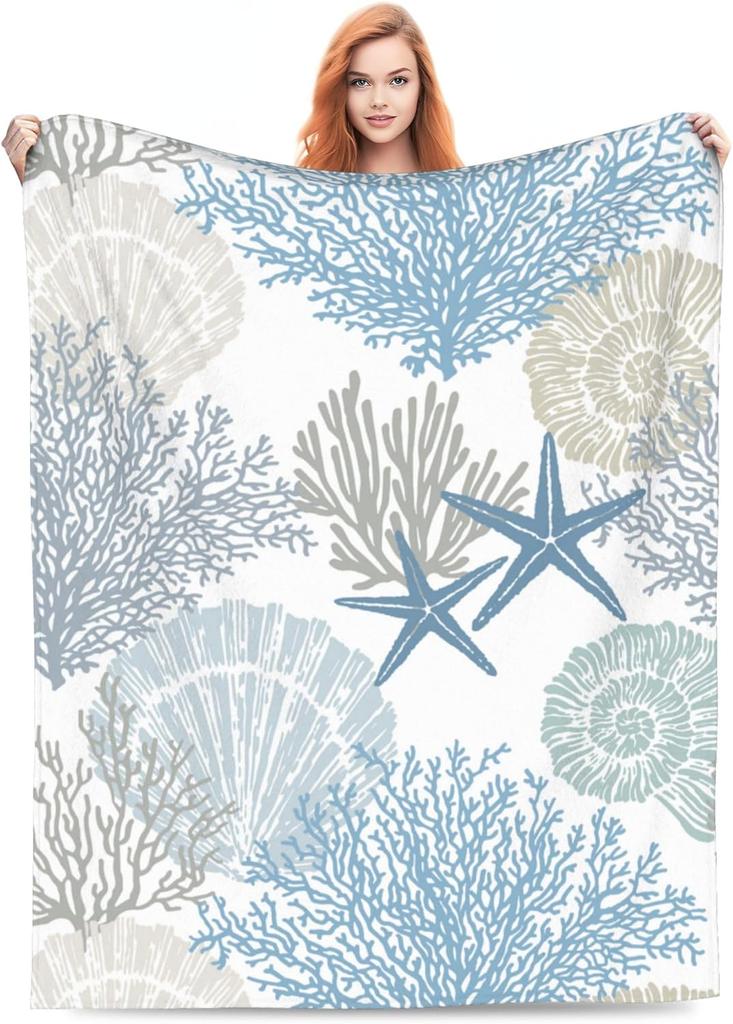 Coperta Plaid Nautica Costiera Stella Marina Conchiglia Corallo Tema Oceano Morbido Pile Accogliente Decorazione Divano Letto Leggera xin