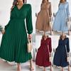 Damen Unifarben V-Ausschnitt Spitzenbesatz Langarm Hohe Taille Falten Maxikleid Freizeit Sommerkleid