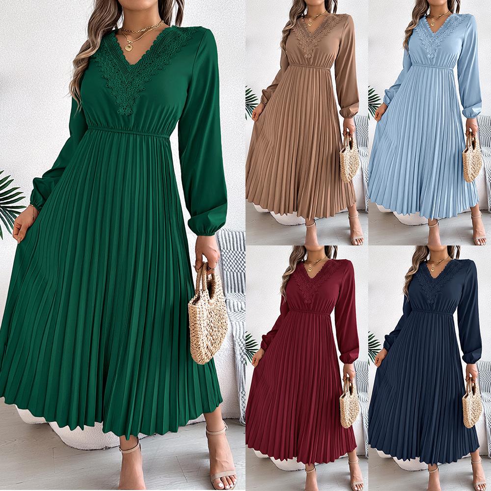 Dames Elegante Europese Stijl V-hals Kant Hoge Taille Lange Mouwen Geplooide Maxi Jurk
