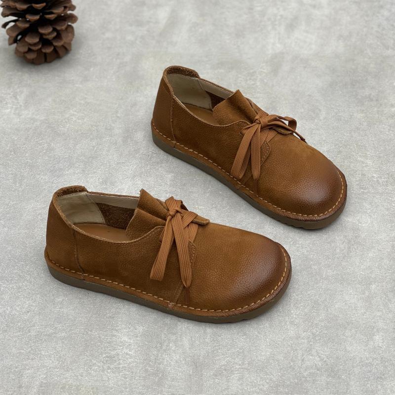 Johnature Casual Genuine Leather Lace-up Flats Round Toe Solid Color Cowhide Versatile Women's Shoes