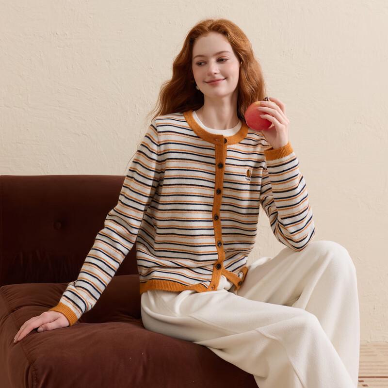 Sancai 2026 Winter Retro Striped Embroidered Knit Cardigan