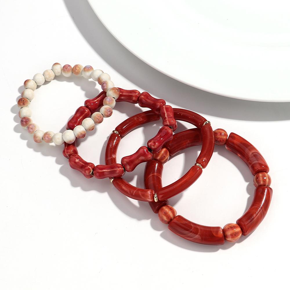 4pcs Bamboo Tube Acrylic Elastic Bracelets for Women Men Boho Resin Ceramic Circle Elbow Beaded Bangle Stack Jewelry Set Gift