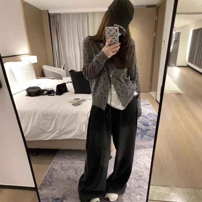 New Polka Dot Jacquard Crew Neck Single-breasted Loose Retro Small Cardigan Women's Long-sleeved Simple Casual Coat