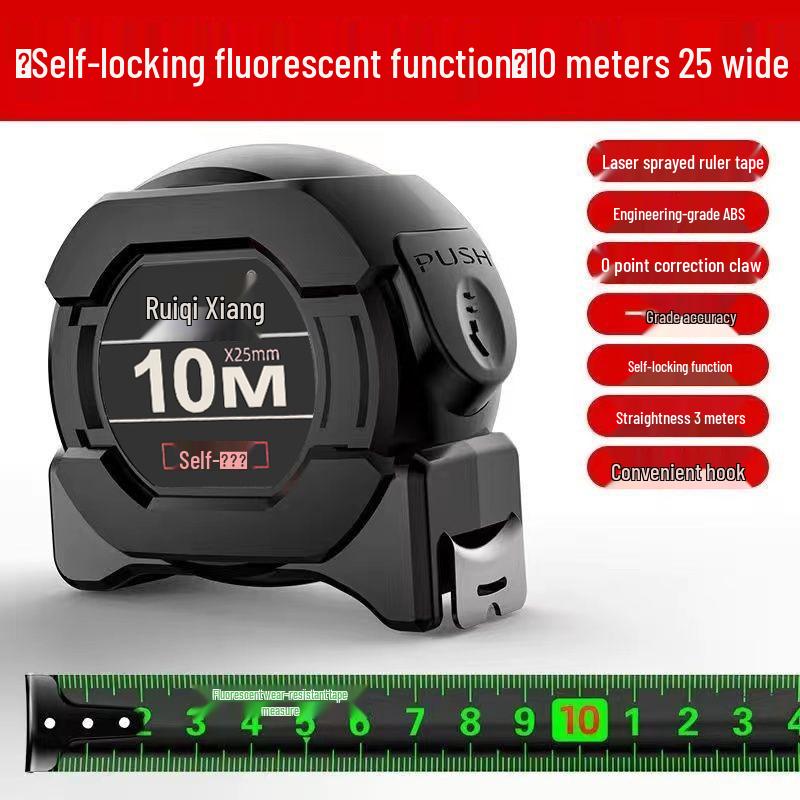 5m/10m Self-Locking Fluorescent Tape Measure, High Precision Stainless Steel, Wear-Resistant, Black & Gold, Thickened Casing