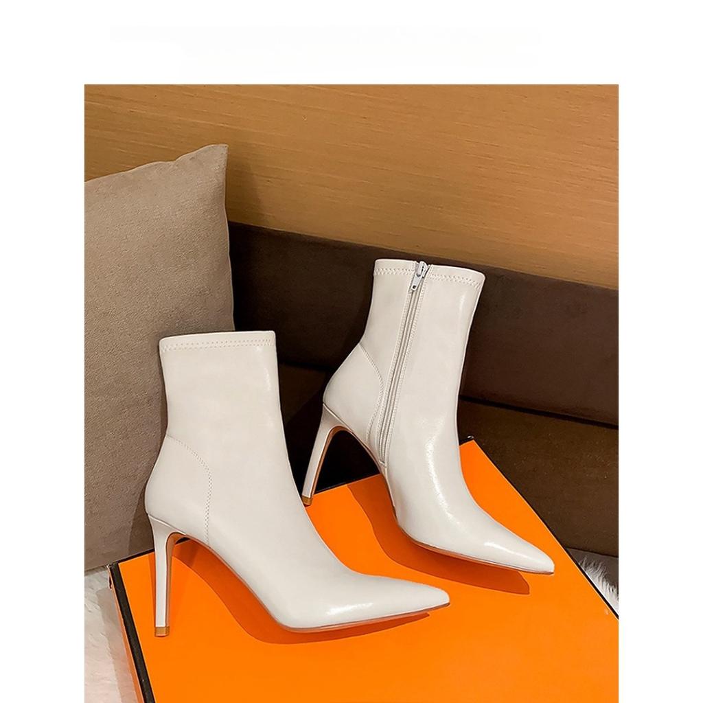 Boots women's new winter high-heeled elastic beige stiletto short boots women's