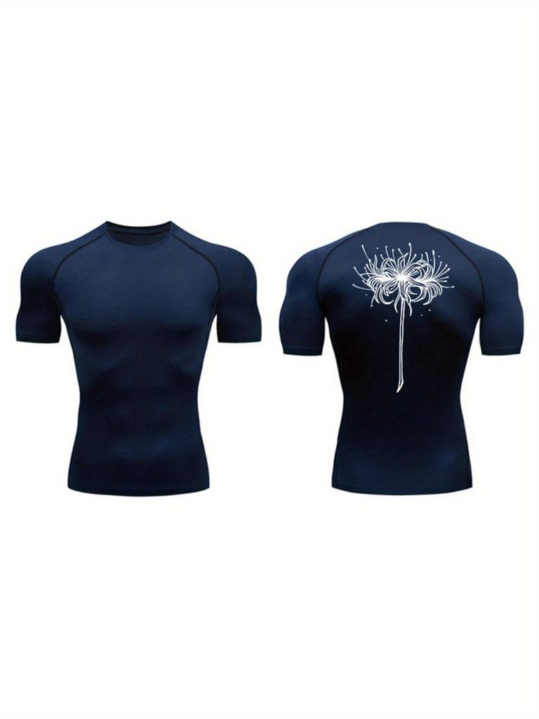 Men's Navy Blue Front Plain Back Firework Compression T-Shirt Minimalist Quick Dry Gym Workout Top