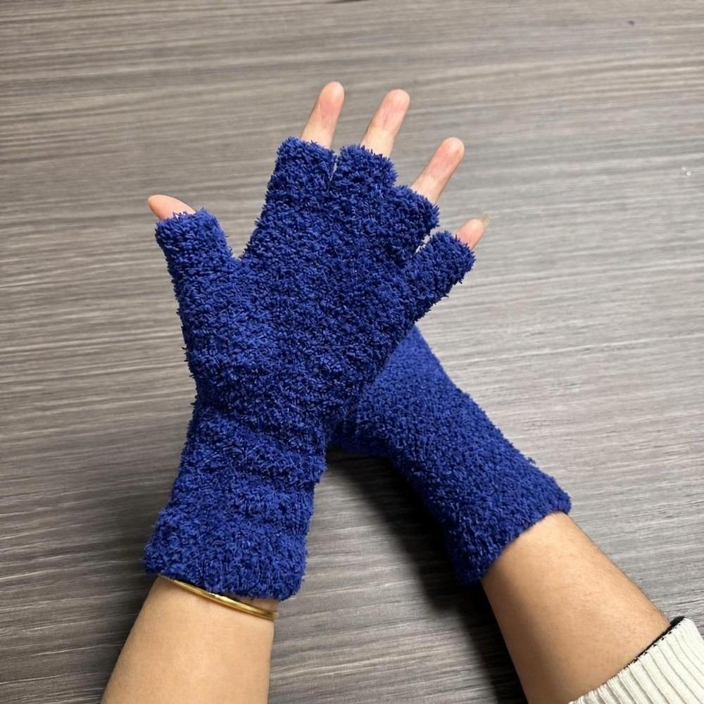 Solid Color Knitted Gloves Coral Fleece Warm Gloves Cozy Half Finger Gloves Unisex