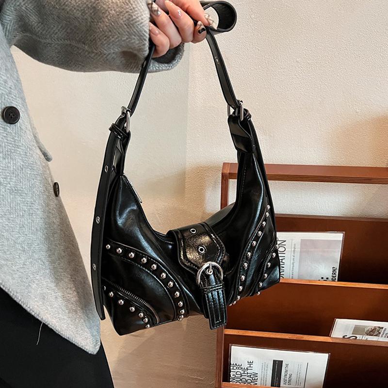 PU Leather Shoulder Bag for Women Rivets Studded Crescent Bag Buckle Underarm Bag Large Capacity Hobo Bag for Work Travel CLE