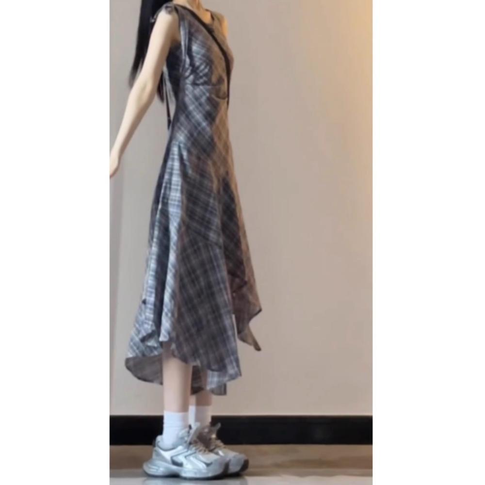 Plaid Sleeveless Vest Dress Women's Summer New Versatile Women's Irregular Temperament Long Skirt