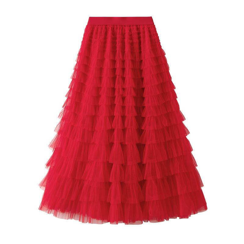 Women's Sweet Black White Tutu Skirts Tulle Cake Long Skirt Women Spring Summer Ruffle Pleated A-Line Chic Skirt