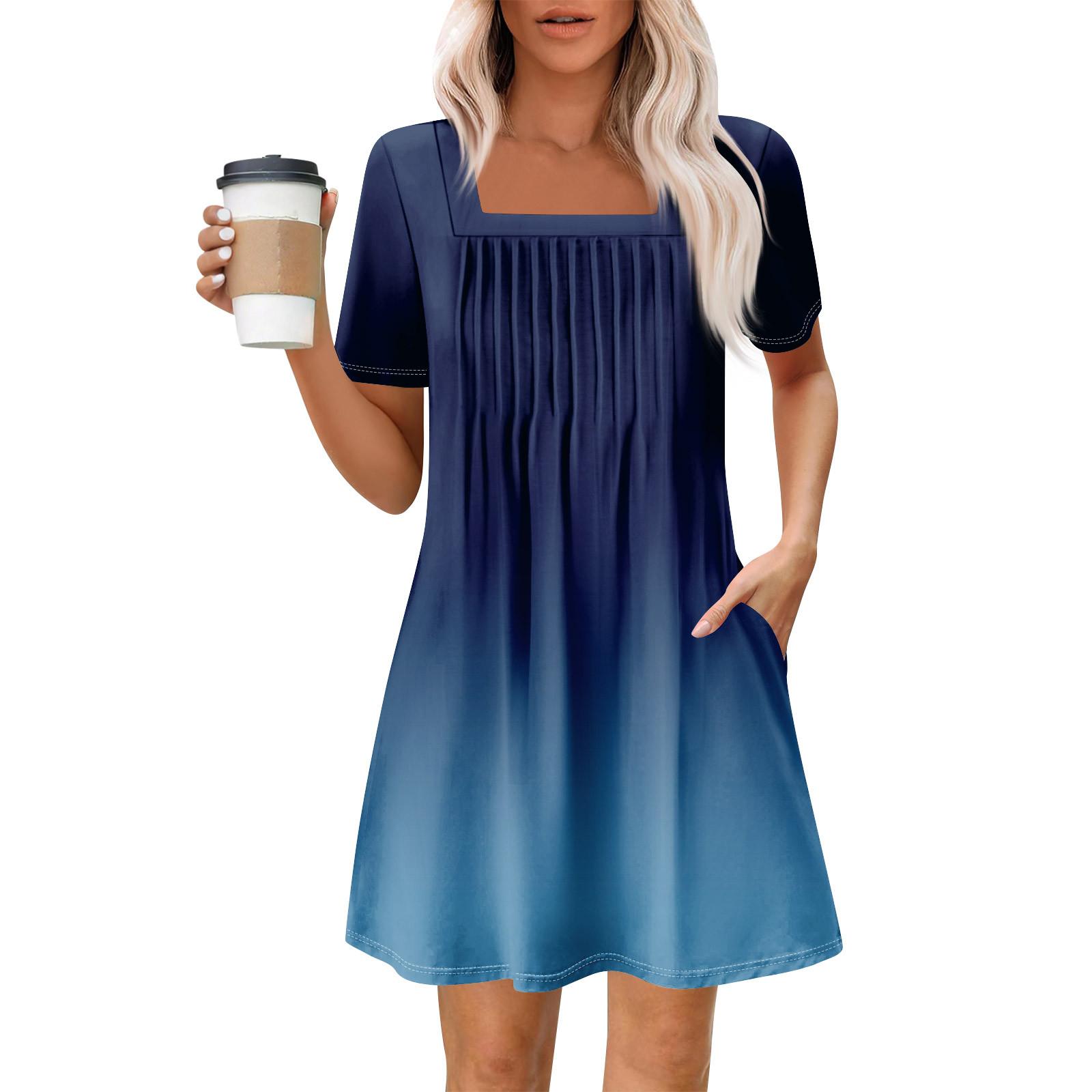 Women s Summer Casual Square Neck Pleated Front With Pocket Printed Short Sleeve Dresses XXL