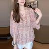 Damen V-Ausschnitt Blumenmuster Chiffon Bluse 3/4 Puffärmel Lockerer Schnitt Lässiges Oberteil