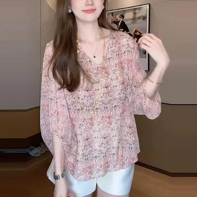 Damen V-Ausschnitt Blumenmuster Chiffon Bluse 3/4 Puffärmel Lockerer Schnitt Lässiges Oberteil