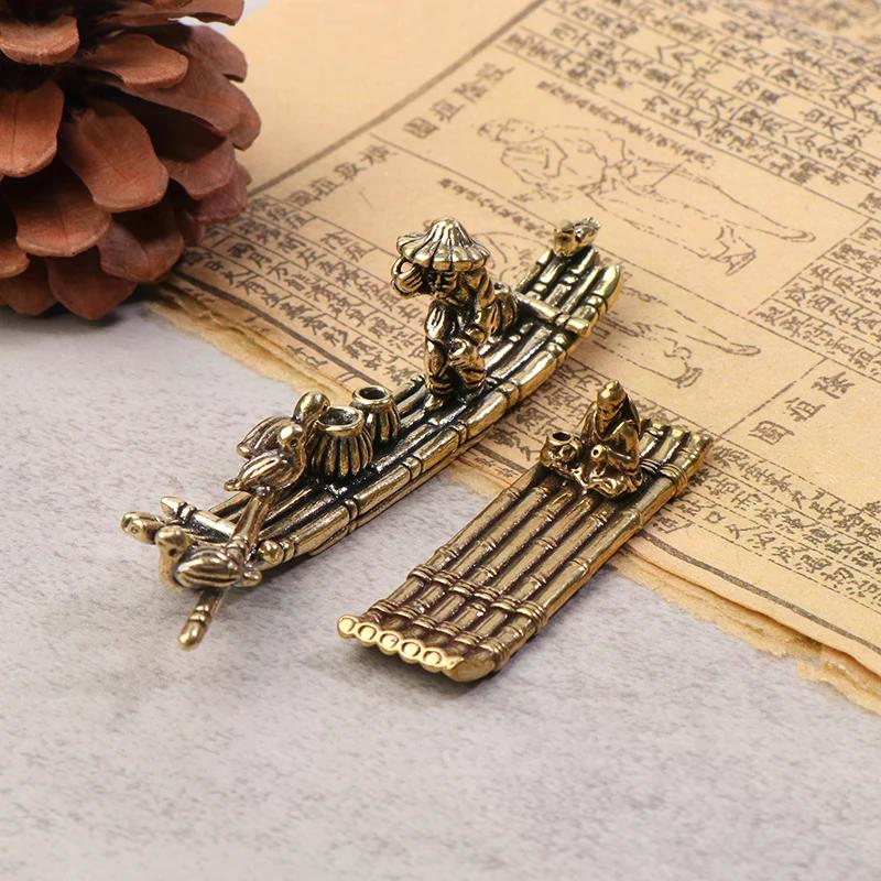 1pc Desktop Incense Holder Sculpture Brass Ornament Antique Bamboo Raft Fishing Boat Fisherman Art Modeling Decoration