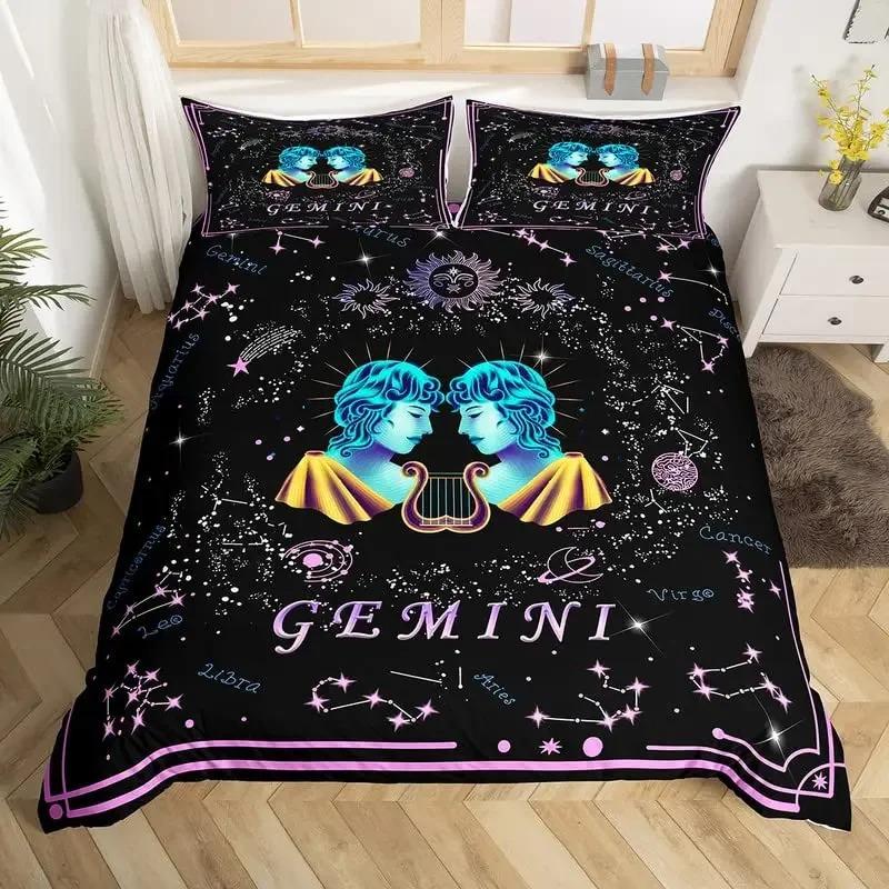 Gemini King Queen Duvet Cover Constellation Horoscope Comforter Cover Astrology Galaxy Bedding Set Star Polyester Quilt Cover