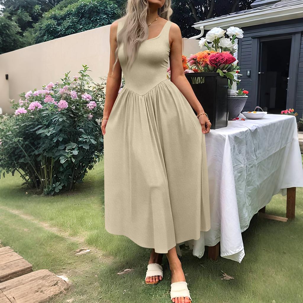 Women's Casual Dress With Square Neck, Long Sleeveless Maxi Dress For Daily Life, Women's Summer Dress