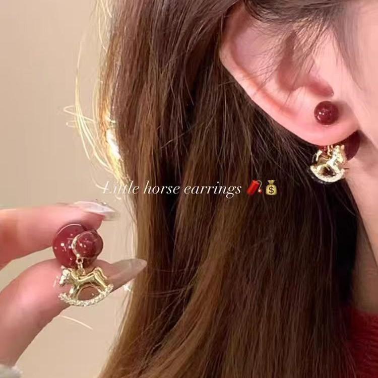 Cute And Playful Pony Red Bead Stud Earrings Women'S Niche Design Sense Earrings Temperament Versatile Earrings