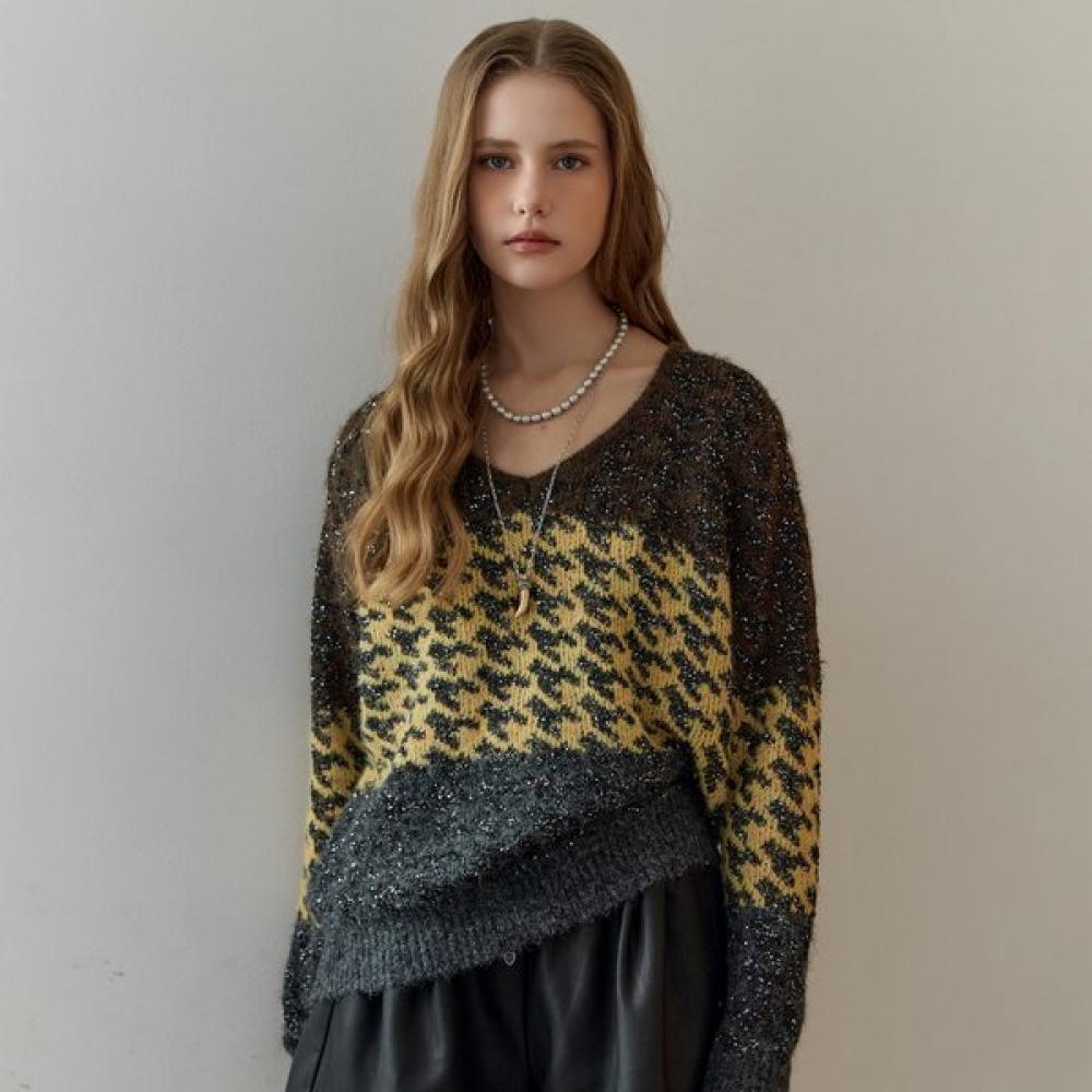 Maxza Sequin Houndstooth Color Block Knit navy/FREE