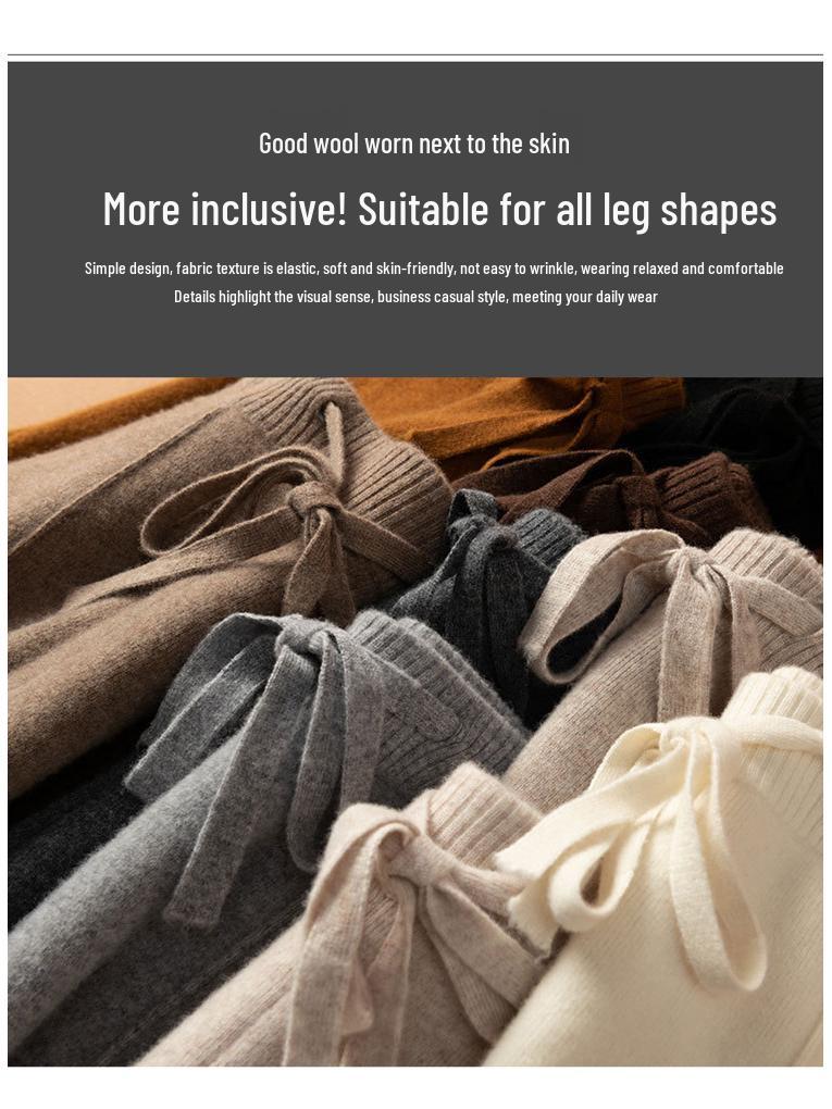Dámské vlněné kalhoty s vysokým pasem a širokými nohavicemi - Podzimní/zimní ležérní pletené kalhoty ke kotníkům