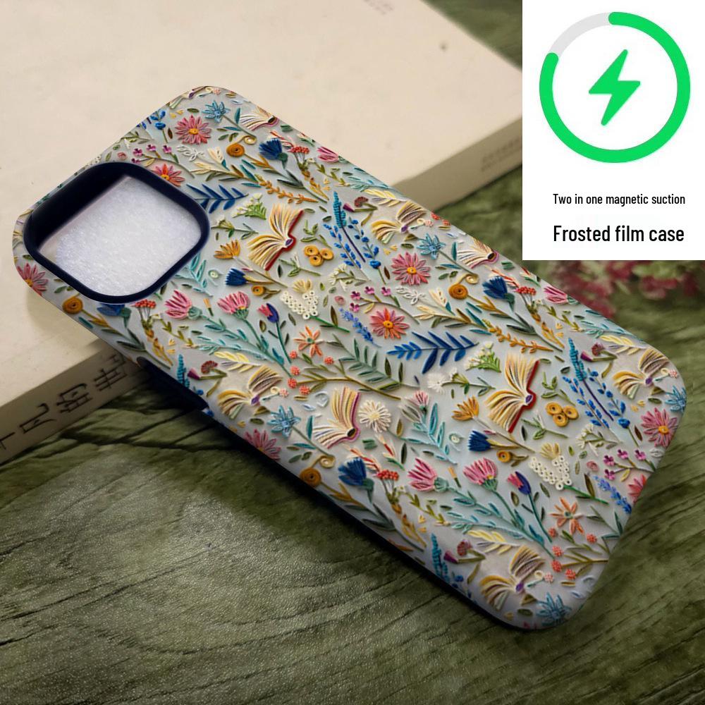 3D Floral Embroidery iPhone16 Pro Max & iPhone 15/11 Case with Double Layer Film Protection