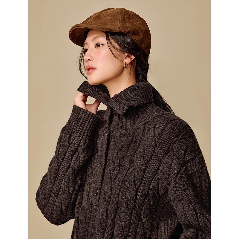 INMAN Women's Retro Maillard Cable Knit Turn-down Collar Wool Blend Sweater