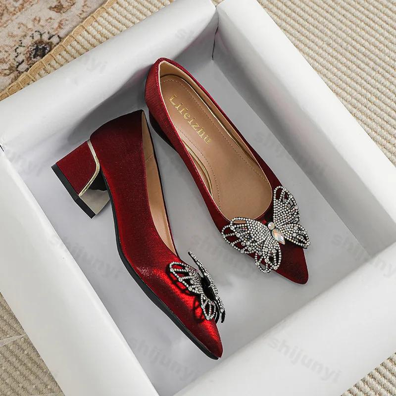 Fashion Women's High Heels Pointed Toe Sandals Sexy Burgundy Rheinstone Wedding Luxury Single Shoes for Banquets Shoes Butterfly 35-43