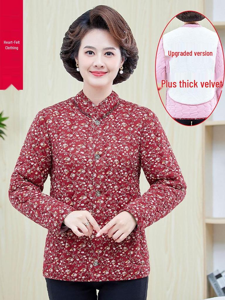 Mom's Floral Plush Winter Jacket - Thickened Cotton, Lightweight for Mid-Aged & Elderly