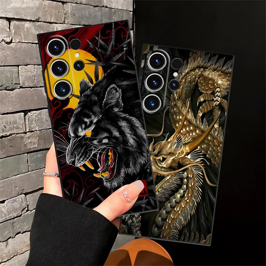 Tiger Dragon Black Soft Phone Cover Case for Samsung Galaxy S21 S22 S24 Plus S23 FE S25+ S23+ S24+ S20 Note 20 10 S25 Ultra