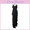 Sexy V Neck Milk Silk Sleeveless Dress With Ruffle Edge And Side Slit For Night Out