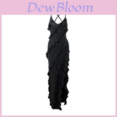Sexy V Neck Milk Silk Sleeveless Dress With Ruffle Edge And Side Slit For Night Out