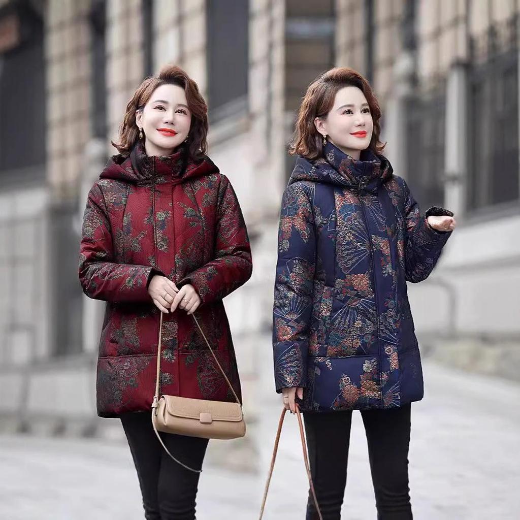 2026 Women's Winter Hooded Down Jacket: Warm, Windproof, Versatile Print for Mid-to-Older Age Moms