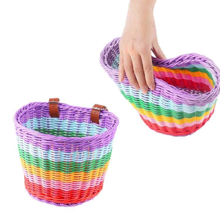 Kids Bikes Front Basket Rainbow Color Plastic Wovens Bikes Basket Easily Install