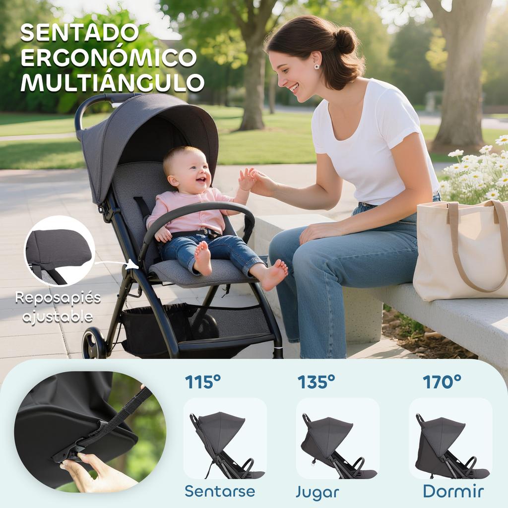 Faltbarer Kinderwagen, Verstellbare Rückenlehne, Fußstütze, Verdeck, Einkaufskorb, Gurtsystem, 15 kg, Dunkelgrau