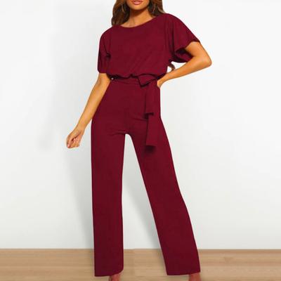 Yousheng Women Jumpsuit with Lace-up Belt Wide Leg Short Sleeves Pure Color O Neck High Waist Outfit Casual Formal Long Romper Outfit