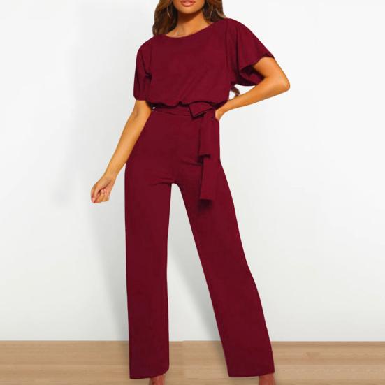 Women Jumpsuit with Lace-up Belt Wide Leg Short Sleeves Pure Color O Neck High Waist Outfit Casual Formal Long Romper Outfit