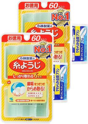 Kobayashi Pharmaceutical Floss Pick Dental 60 for Interdental Cleaning Soft Interdental Brush X 2 Packs & Floss, Count, (Includes Samples)