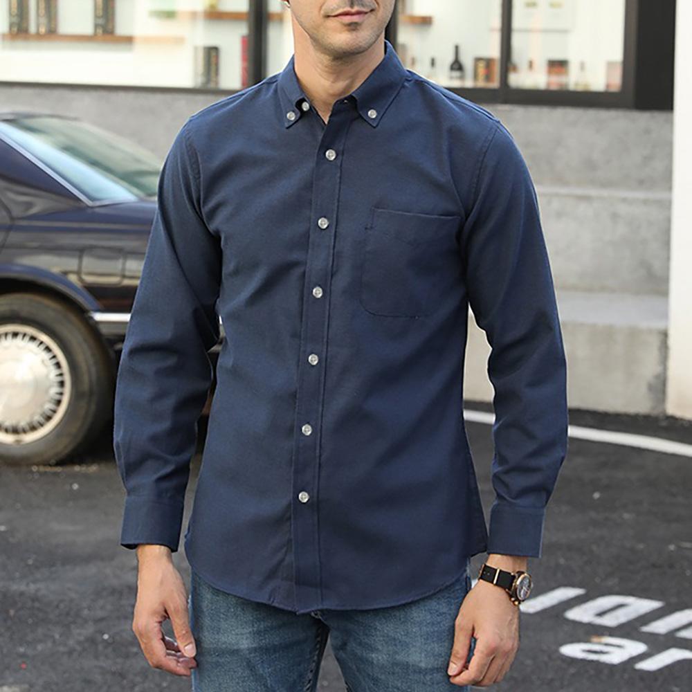 

Весна Осень Мужская повседневная деловая рубашка из ткани Оксфорд, однотонные рубашки, однобортные, простой стиль, модные, на пуговицах XXXXXL темно-синий